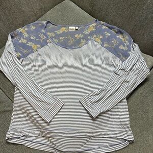 MUDD Baby Blue and White Stripes with Floral Accent Blouse, size XL